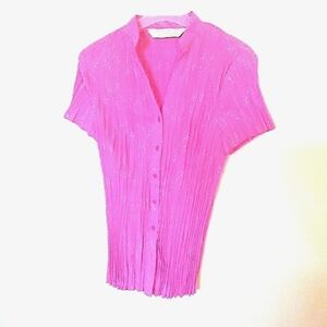 Penman's Women's Vintage Bright Pink Plisse Blouse with Eyelet Embroidery